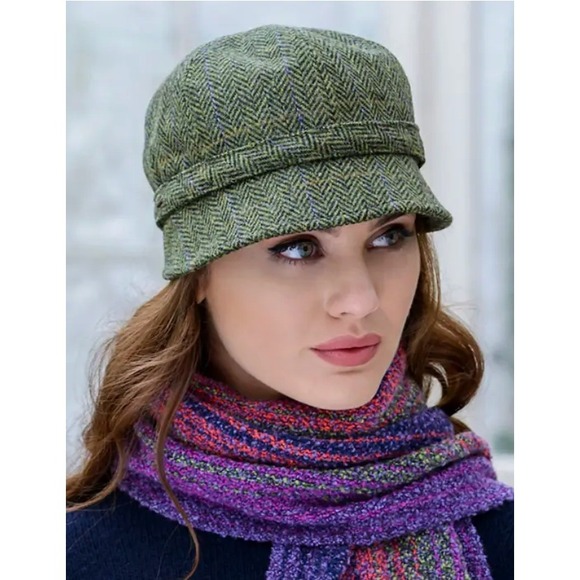 Mucros Weavers Accessories - Mucros Weavers Ireland Women Green Wool Tweed Herringbone Flapper Cloche Hat M